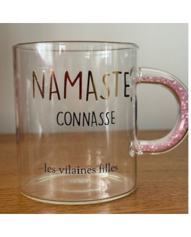 Mug en verre Namaste Connasse anse à paillettes rose