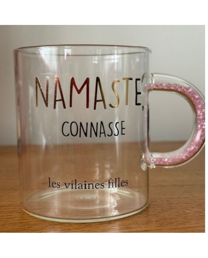 Mug en verre Namaste Connasse anse à paillettes rose