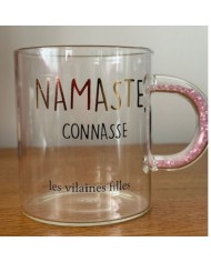 Mug en verre Namaste Connasse anse à paillettes rose