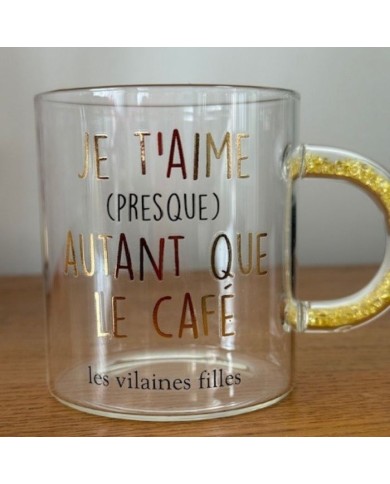 Mug en verre Je t'aime autant que le café anse à paillettes jaune