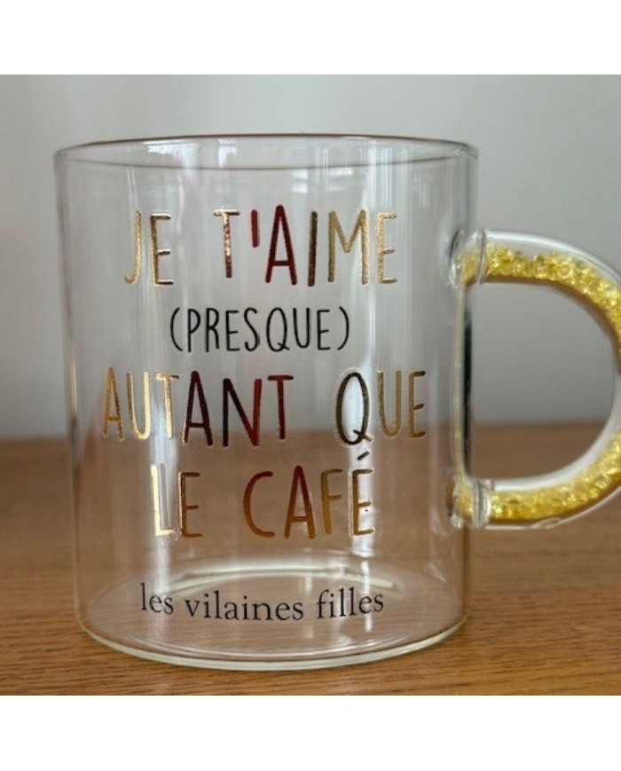 Mug en verre Je t'aime autant que le café anse à paillettes jaune