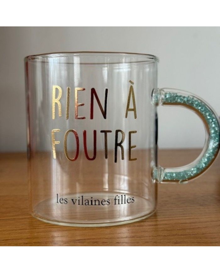 Mug en verre Rien à foutre anse à paillettes bleu