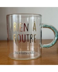 Mug en verre Rien à foutre anse à paillettes bleu