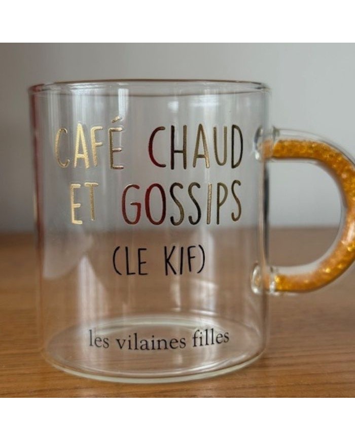 Mug en verre Café chaud et gossips anse à paillettes orange