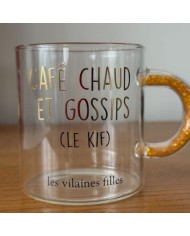Mug en verre Café chaud et gossips anse à paillettes orange