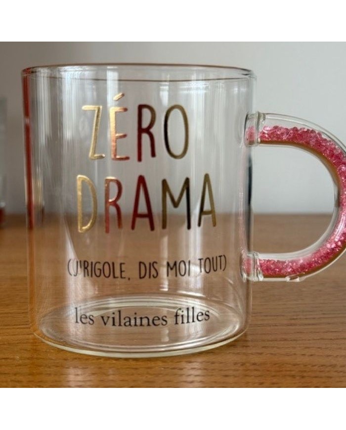 Mug en verre Zero drama anse à paillettes rose