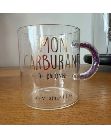 Mug en verre Carburant de daronne anse à paillettes violet