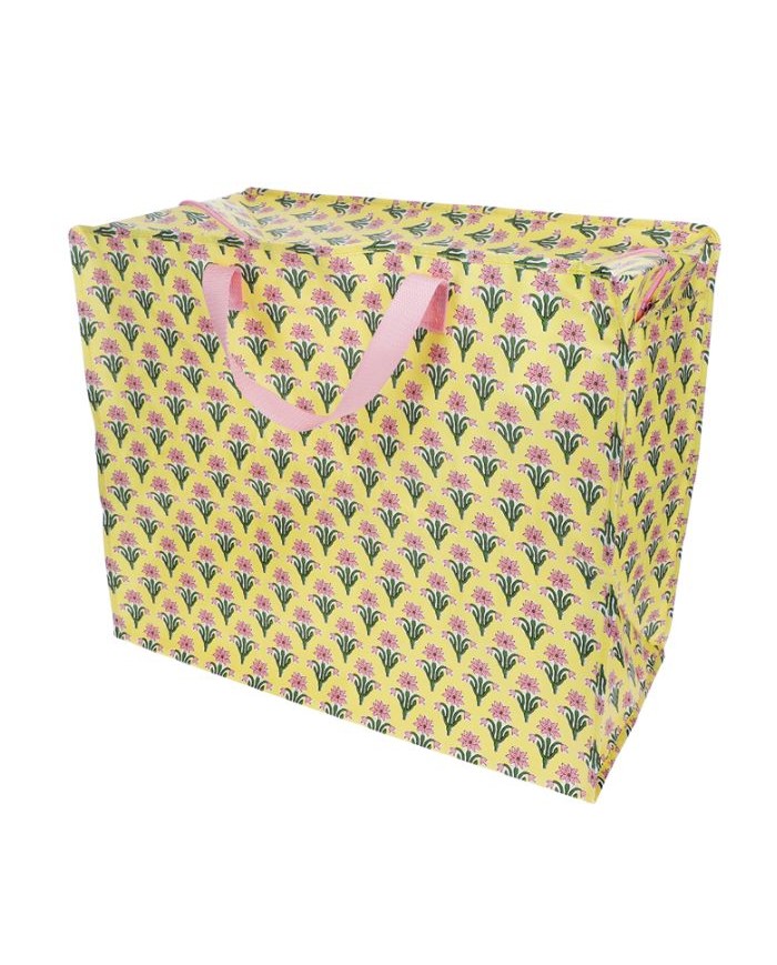 Grand sac de rangement jaune à fleurs roses et vertes