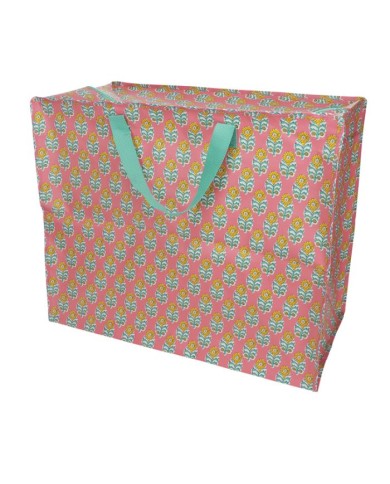 Grand sac de rangement rose à fleurs orange et vertes