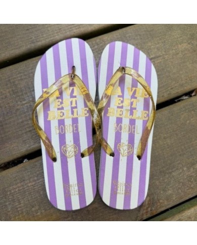 Tongs rayées à paillettes violet La vie est belle