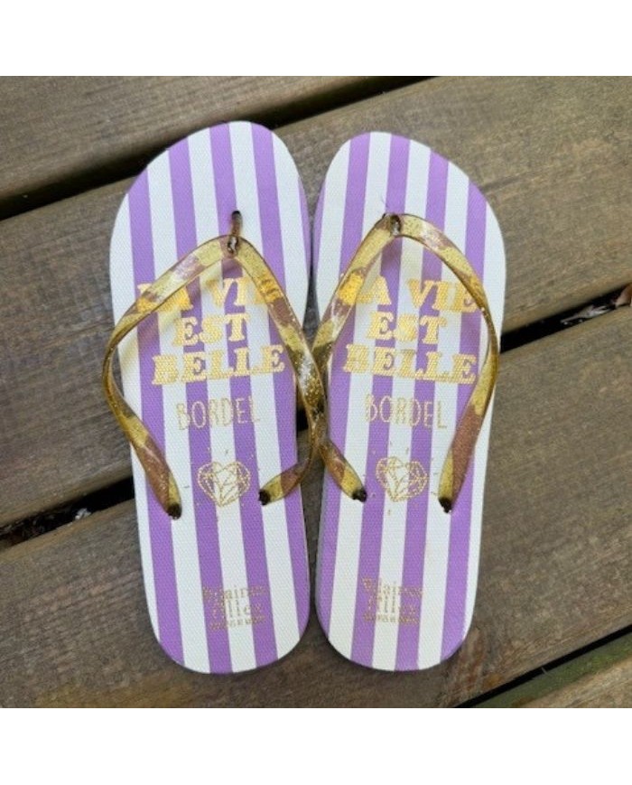 Tongs rayées à paillettes violet La vie est belle