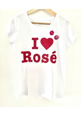 Tee-shirt col rond I love rosé paillettes roses bio