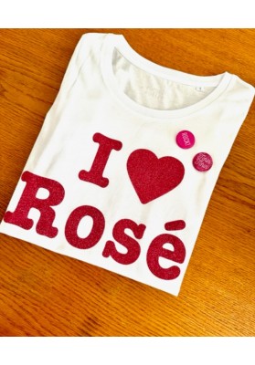 Tee-shirt col rond I love rosé paillettes roses bio